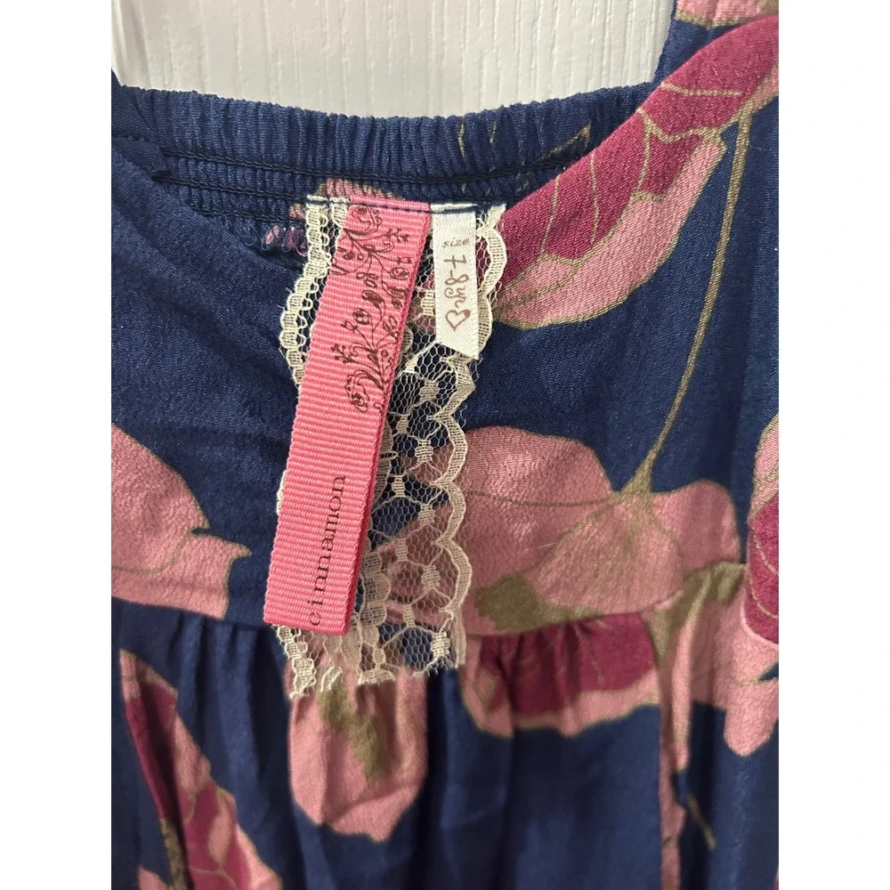 Cinnamon Girls Floral Sundress Navy‎ Pink Poppy Smocked Back Pockets 7/8 k2028